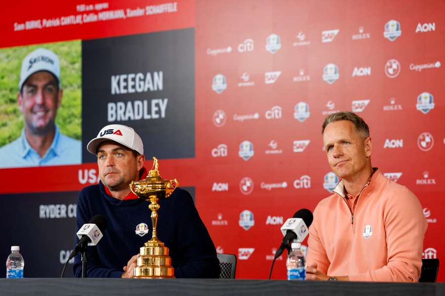 Team United States captain Keegan Bradley and Team Europe captain Luke Donald speak in a press conference prior to the 2025 Ryder Cup