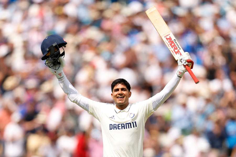 Shubman Gill celebrates his double hundred