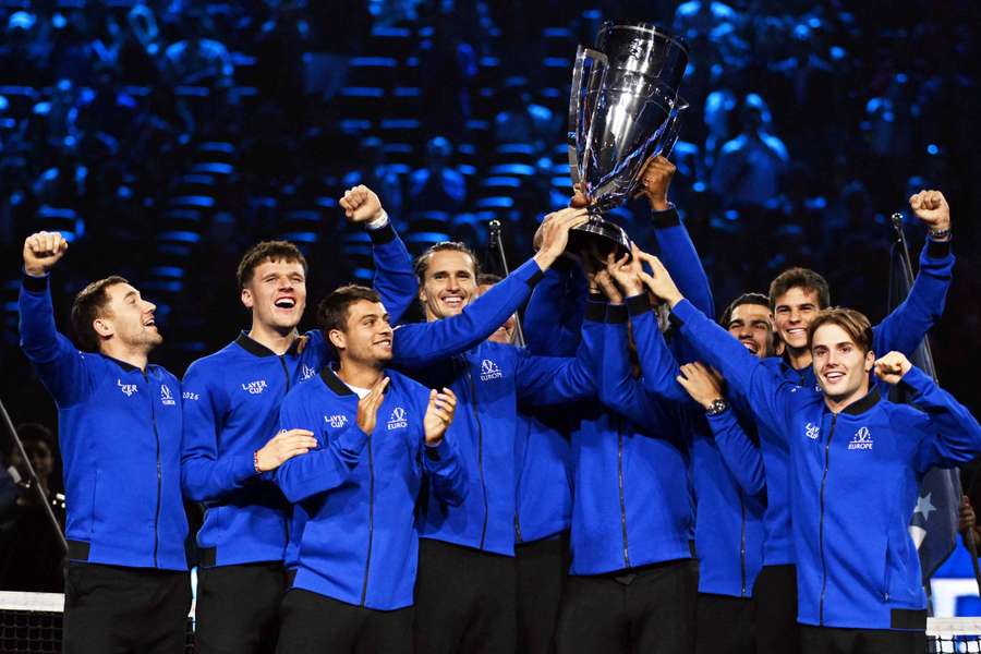 Team Europe celebrate with the trophy after winning the Laver Cup Team Europe celebrate with the trophy after winning the Laver Cup