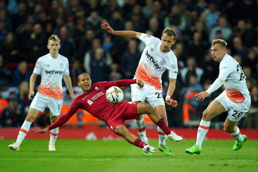 Thiago challenging for possession against West Ham