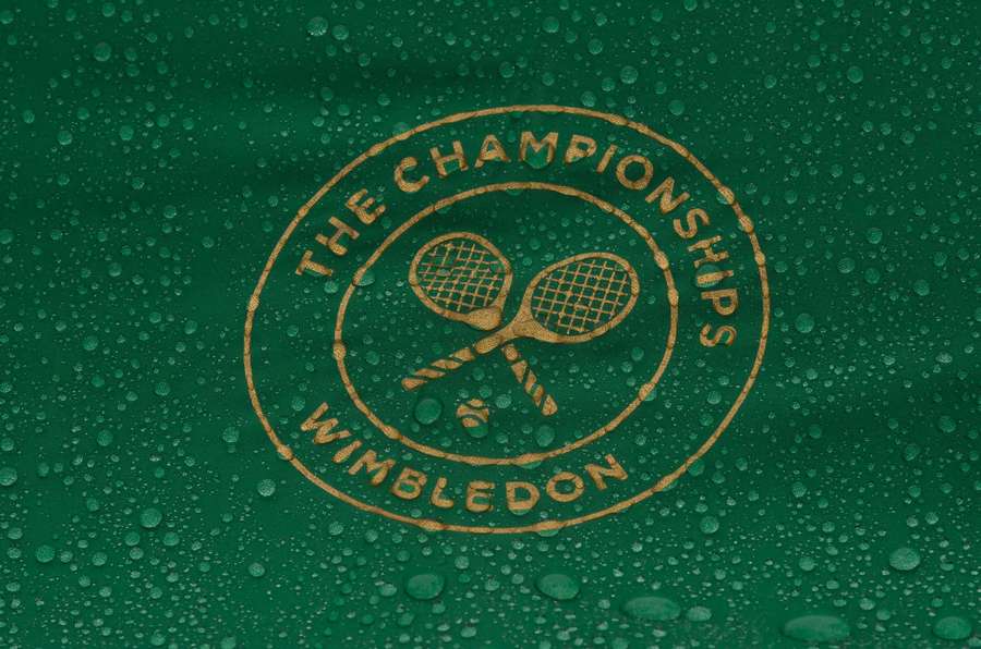 A general view of the Wimbledon logo in the rain