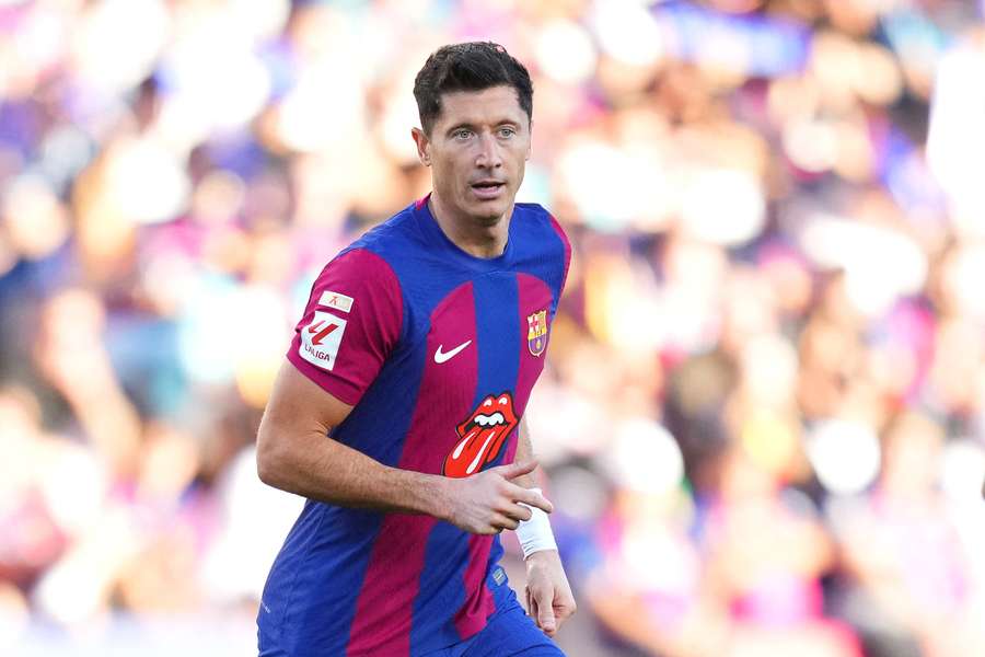 Robert Lewandowski of FC Barcelona looks on