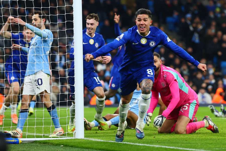 Enzo Fernandez celebrates after snatching a point for Chelsea