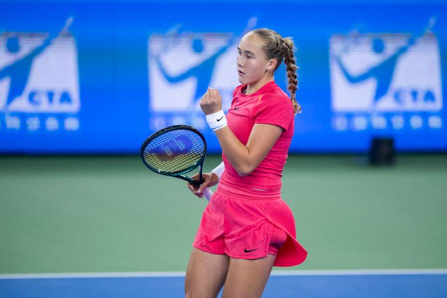 Mirra Andreeva reacts during her quarter-final match on Friday