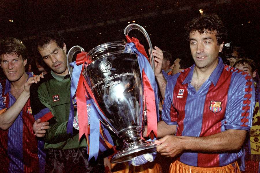 Michael Laudrup, Andoni Zubizarreta, and Juan Antonio Goicoechea of Barcelona celebrate their European Cup victory over Sampdoria Michael Laudrup, Andoni Zubizarreta, and Juan Antonio Goicoechea of Barcelona celebrate their European Cup victory over Sampdoria