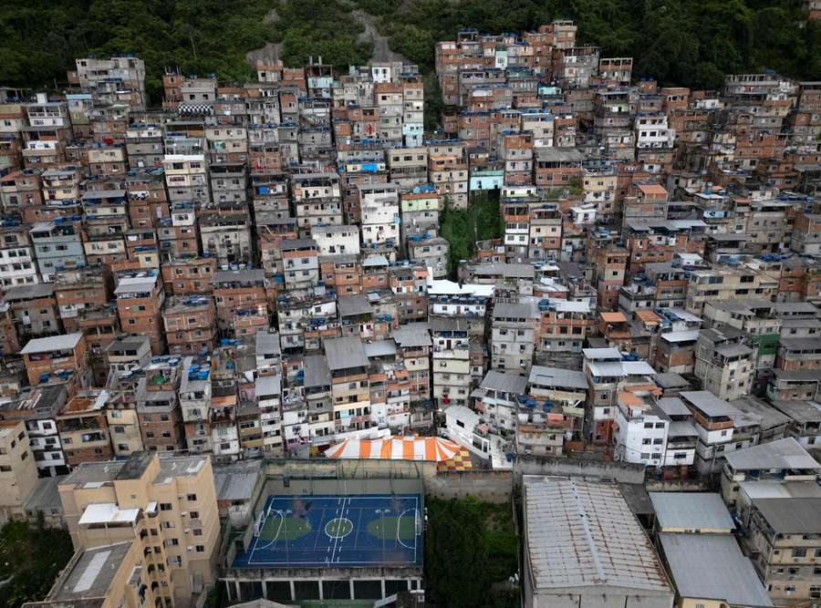 Aerial view of a tent set up in the Pavao-Pavaozinho-Cantagalo favela