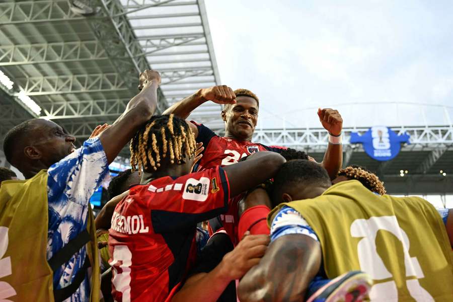 Cape Verde celebrate their second goal during their 2-2 draw with Uruguay at the World Cup.