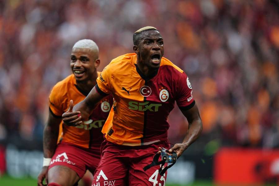 Victor Osimhen of Galatasaray celebrates a goal during the Turkish Super Lig match against Bellona Kayserispor Victor Osimhen of Galatasaray celebrates a goal during the Turkish Super Lig match against Bellona Kayserispor