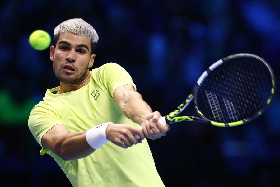 Carlos Alcaraz in action during the ATP Finals in Turin. Carlos Alcaraz in action during the ATP Finals in Turin.