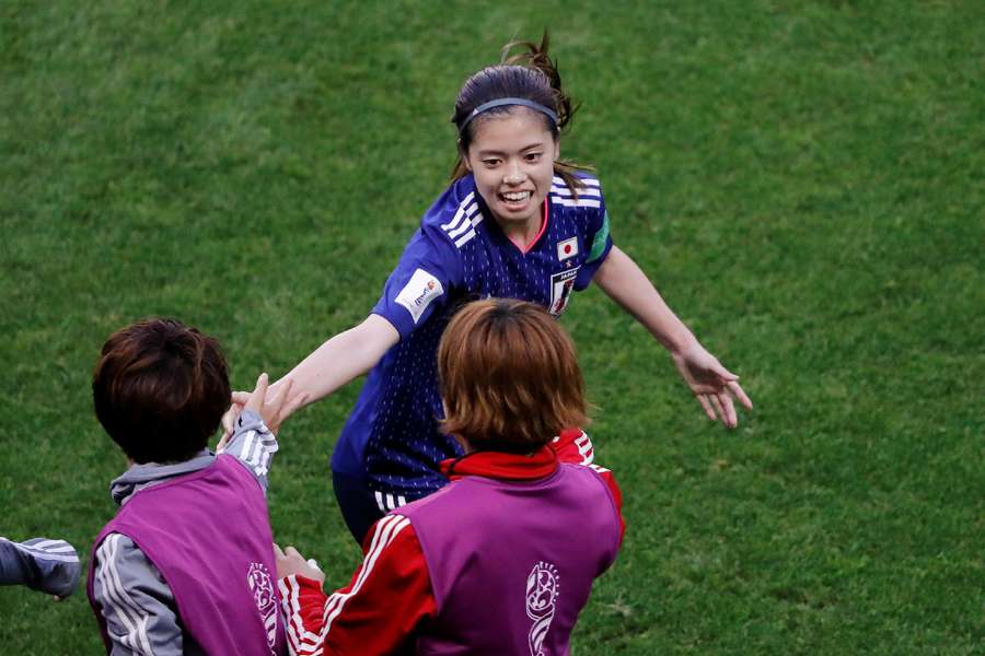 Japan's Yui Hasegawa celebrates scoring in the 2019 World Cup