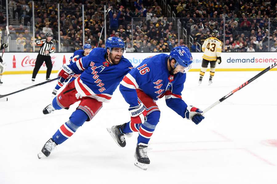 New York Rangers defenseman Erik Gustafsson reacts on an overtime goal by center Vincent Trocheck against the Boston Bruins