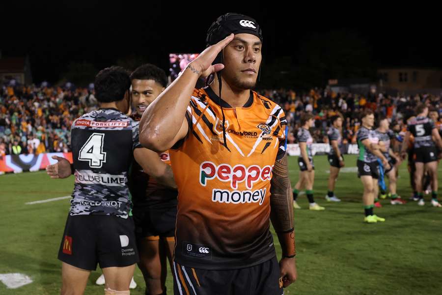 Jarome Luai celebrates Wests Tigers' Round 8 win over Canberra Raiders.