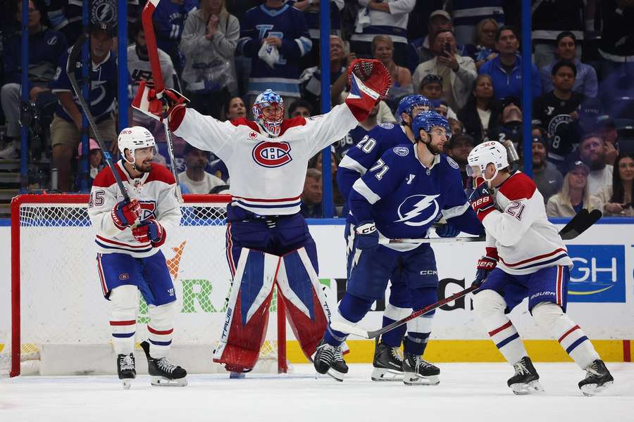 Candiens goaltender Jakub Dobes celebrates Game 7 win over Tampa Bay Lightning