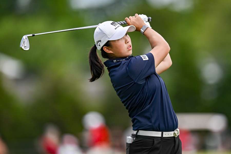 Ruoning Yin tees off on the 4th hole during the final round of the Women's PGA Championship
