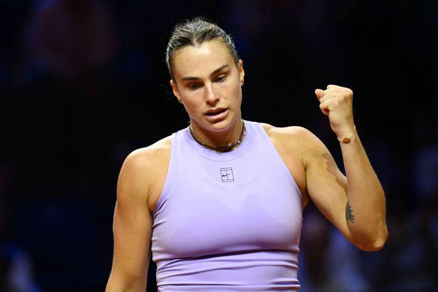 Aryna Sabalenka reacts after beating Elise Mertens in their quarter-final clash on Saturday