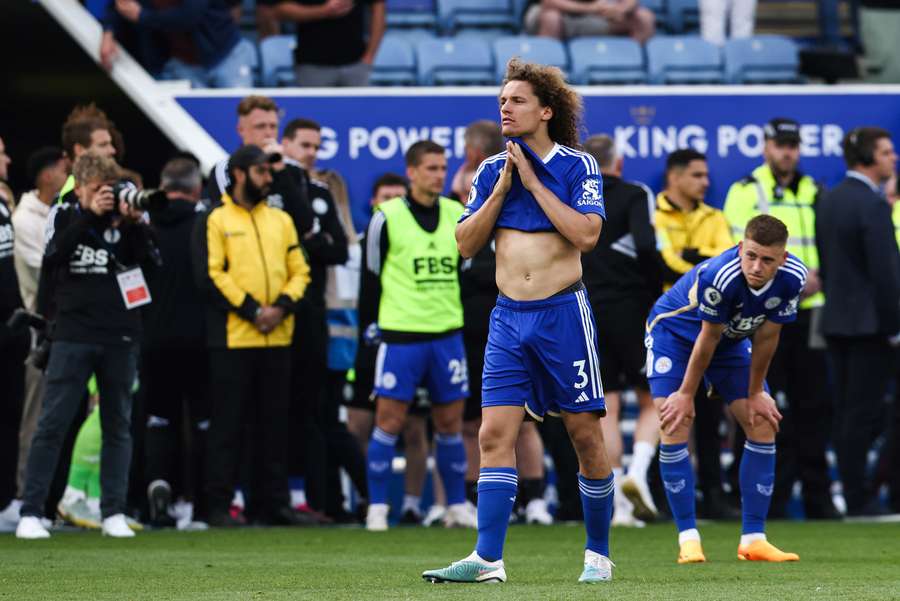 Leicester City's Belgian defender Wout Faes reacts at the end of the English Premier League football match between Leicester City and West Ham United