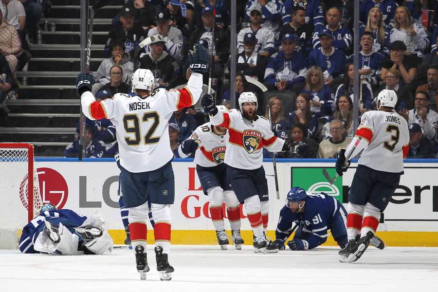 The Florida Panthers celebrate one of their goals during their 6-1 beating of the Toronto Maple Leafs in Game 7 of their series.