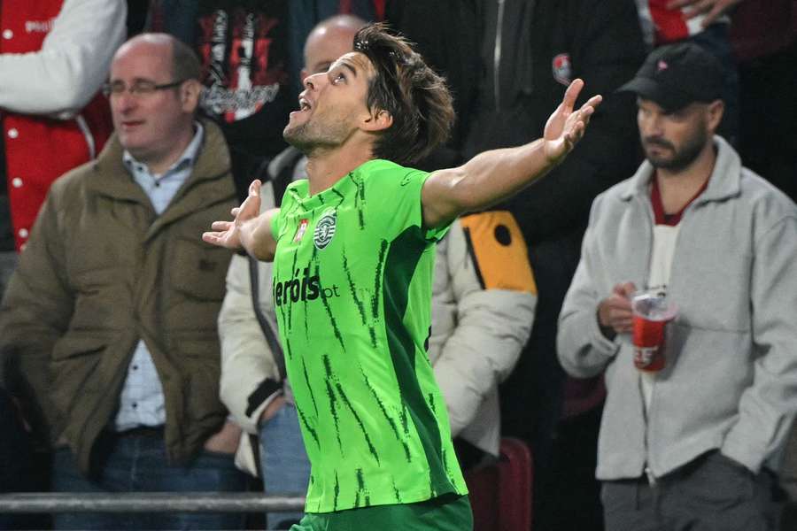 Daniel Braganca celebrates his goal for Sporting