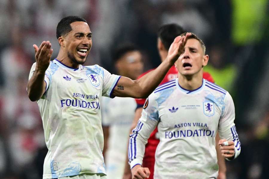 Youri Tielemans celebrates after opening the scoring for Aston Villa