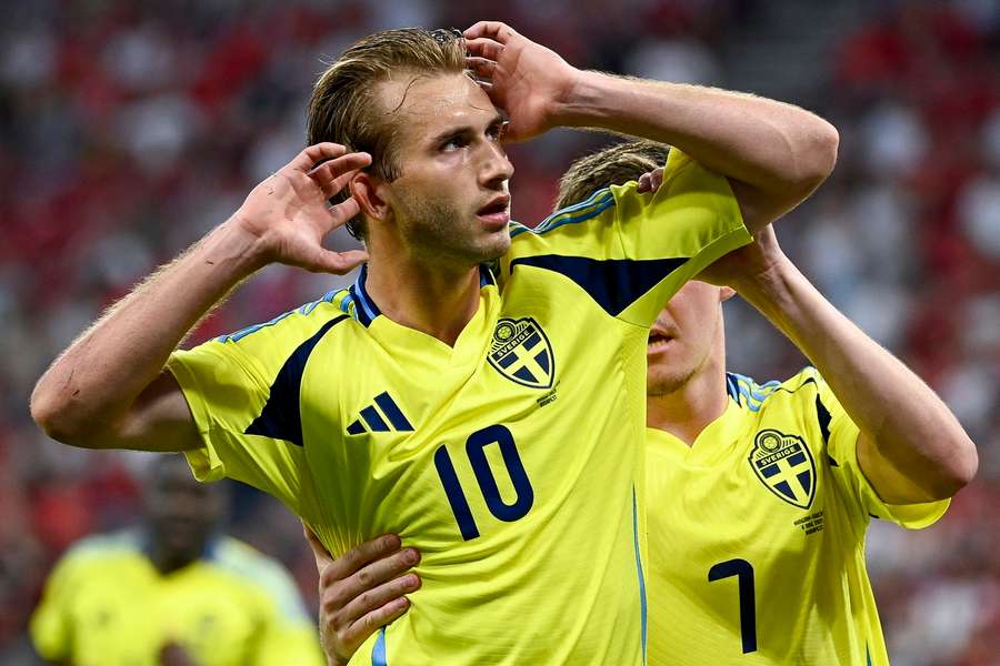 Benjamin Nygren celebrates scoring for Sweden in a freindly against Hungary