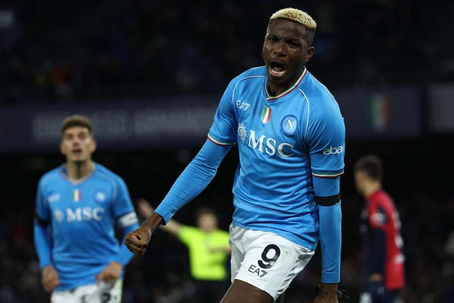 Victor Osimhen celebrates scoring against Cagliari earlier this month