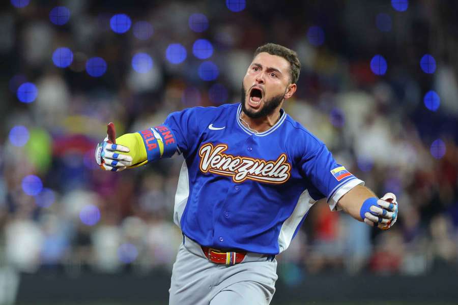 Venezuela Wilyer Abreu celebrates home run during 2026 World Baseball Classic championship