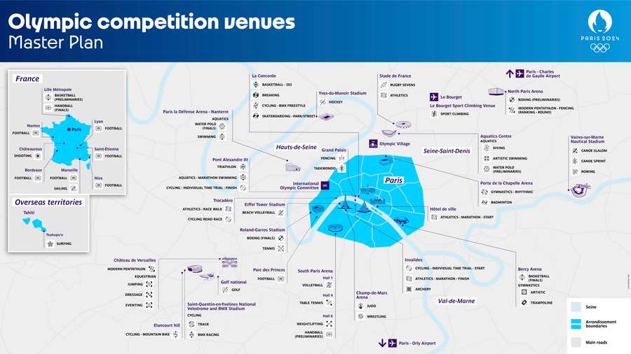 Mapa sportovišť pařížské olympiády.