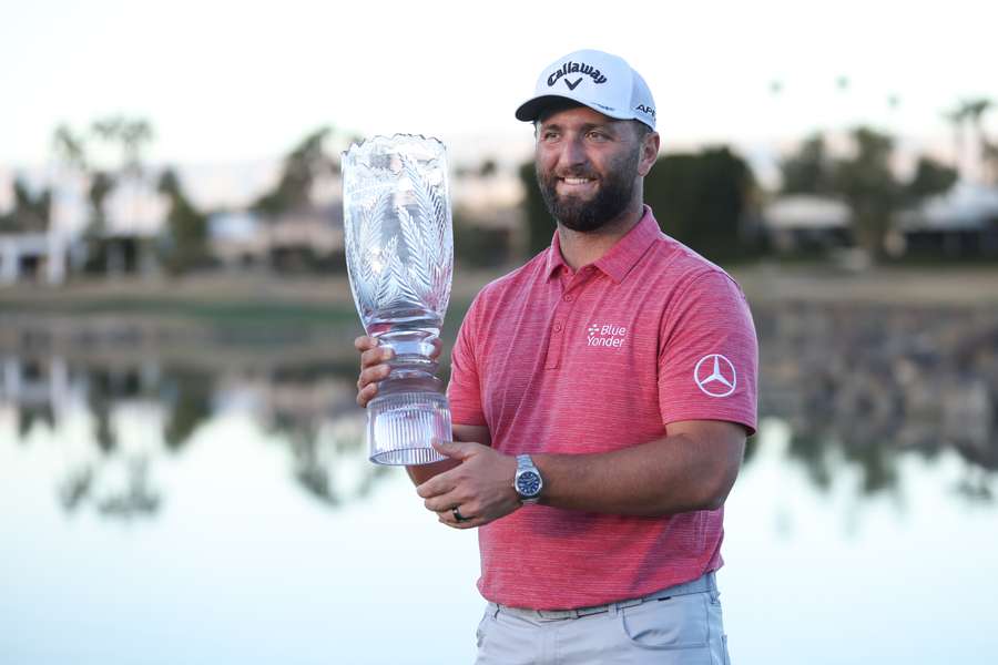 Spain's Jon Rahm celebrates after winning the US PGA Tour American Express tournament in La Quinta, California