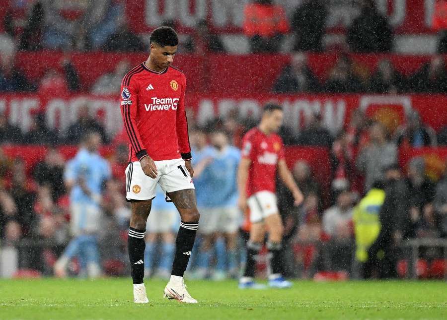 Marcus Rashford looks dejected during the Premier League match between Manchester United and Manchester City