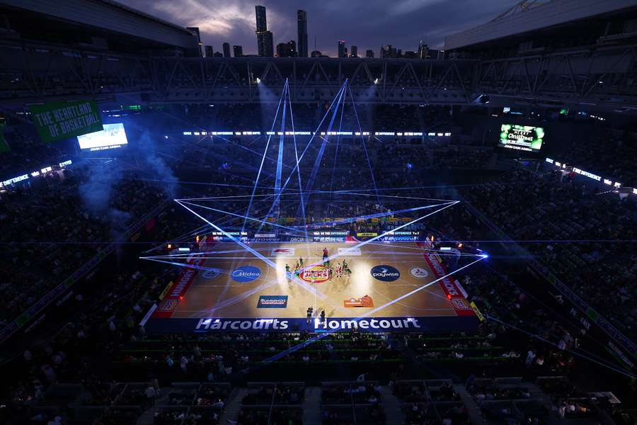 A half-time light show during South East Melbourne Phoenix's open air NBL game on Saturday night. 