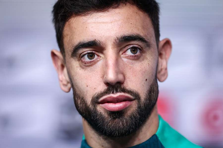 Portugal's national soccer player Bruno Fernandes attends a press conference 