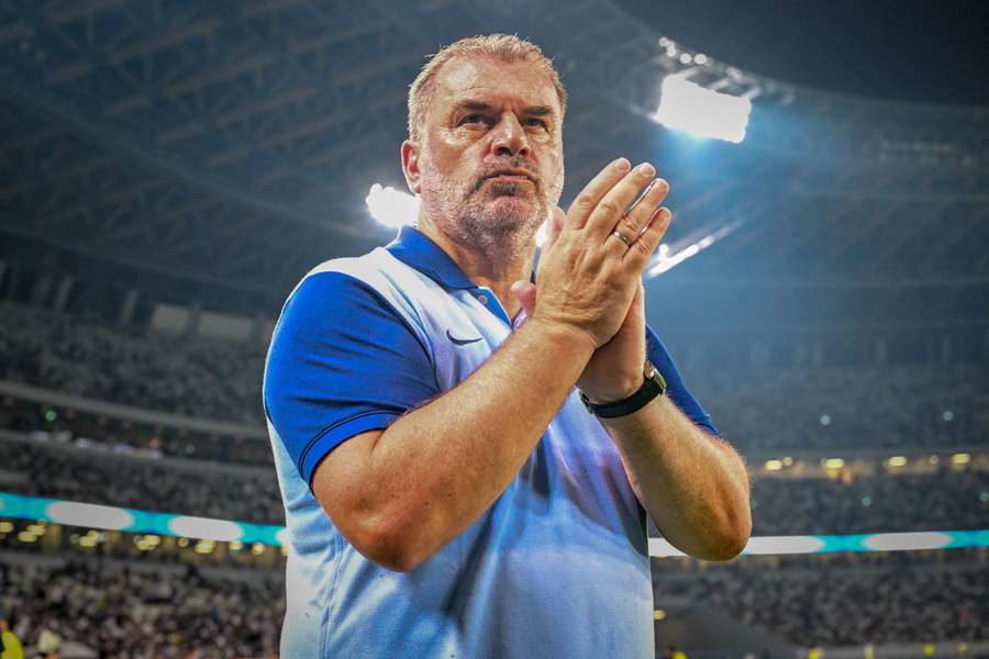 Ange Postecoglou celebrates team's victory after a friendly football match between Tottenham Hotspur and Vissel Kobe