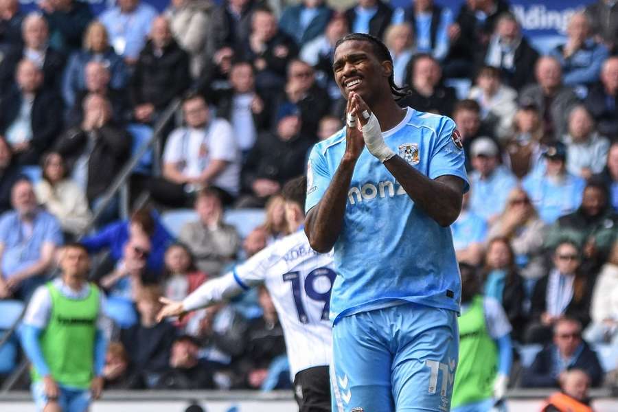Coventry's Haji Wright shows his disappointment after missing an opportunity
