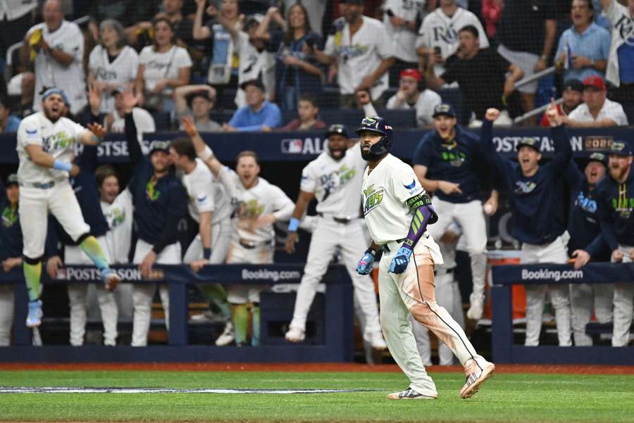 Junior Caminero of the Tampa Bay Rays watches his ALCS home run