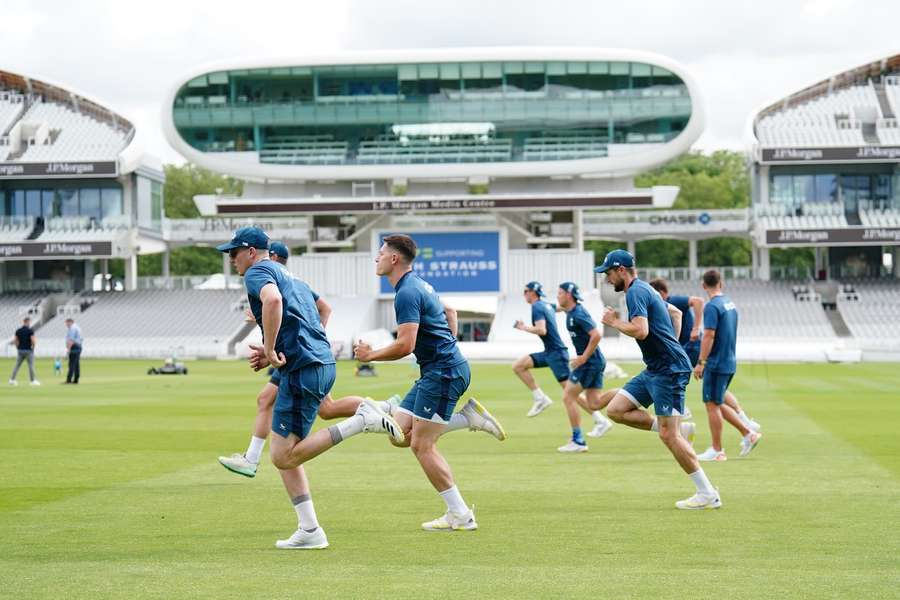 England players during a nets session at Lord's Cricket Ground