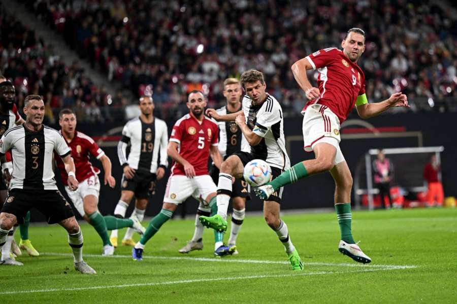 Hungary's Adam Szalai scores against Germany in Leipzig.