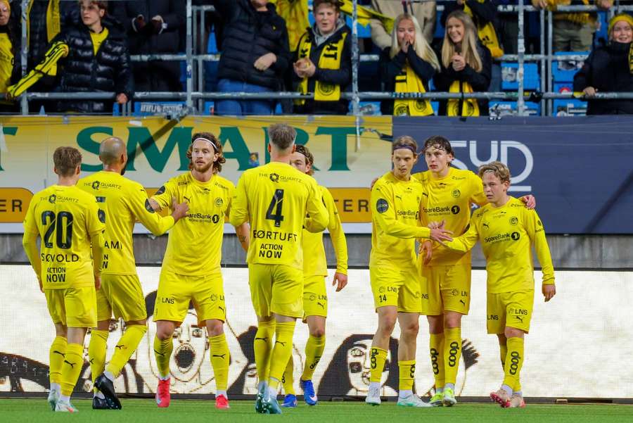 Sondre Auklend celebrates in the match between Molde and Bodo/Glimt at Aker Stadium