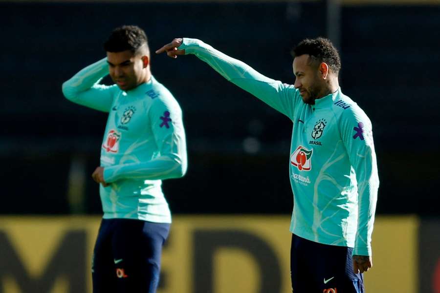 Brazil's Neymar and Casemiro during training