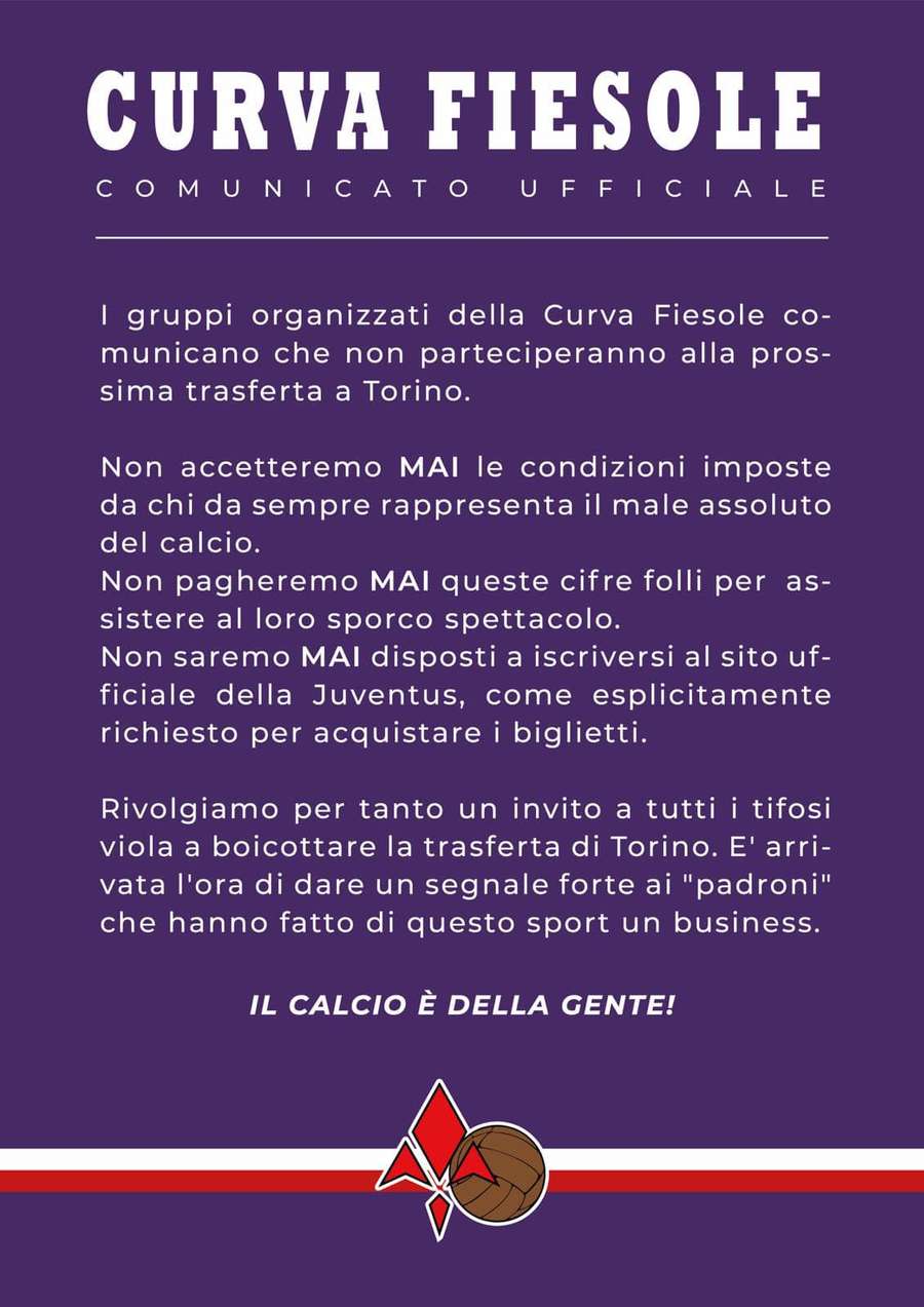 Il comunicato della Curva Fiesole