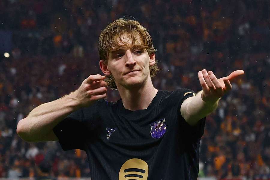 Anthony Gordon celebrates scoring Barcelona's third goal Anthony Gordon celebrates scoring Barcelona's third goal